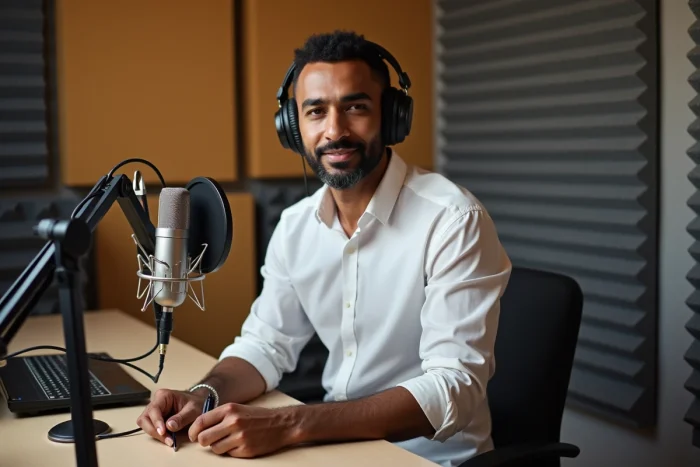 Entrepreneur et animateur en studio de podcast minimaliste, ambiance professionnelle et créative