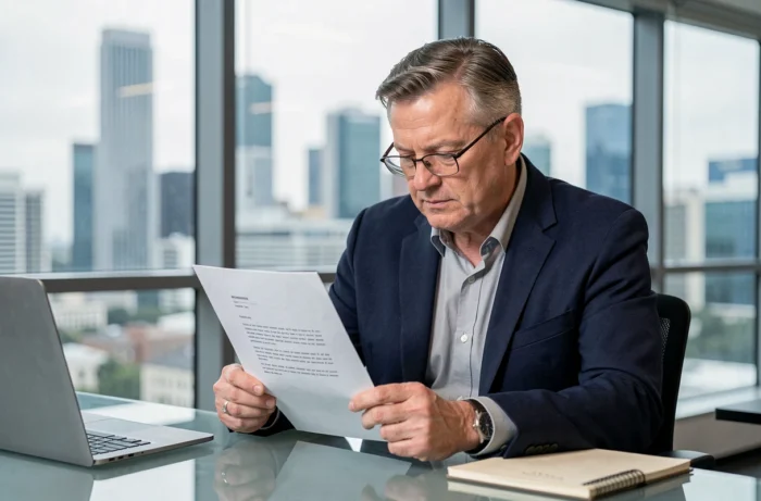 Homme d'affaires relisant une lettre de témoignage dans un bureau moderne avec vue urbaine