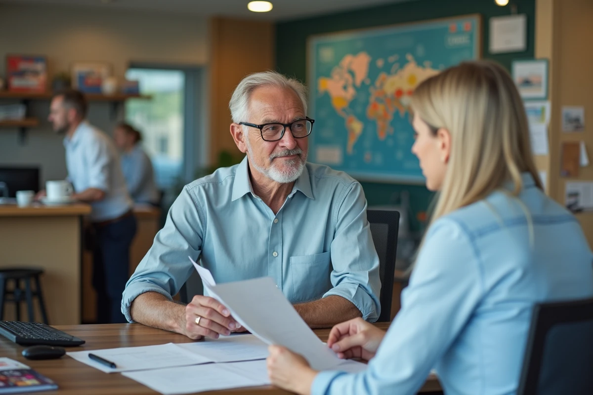 Homme discutant avec agent de voyage dans un bureau
