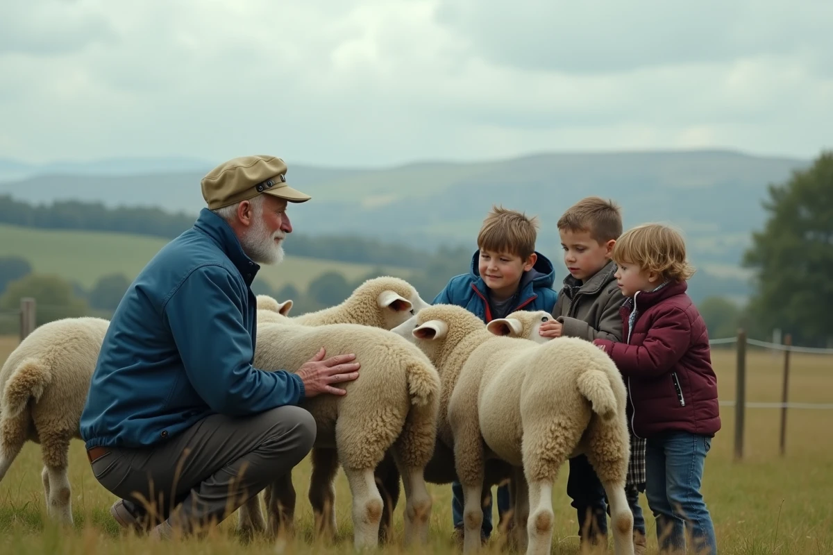 Homme âgé parlant aux enfants avec des moutons dans un champ