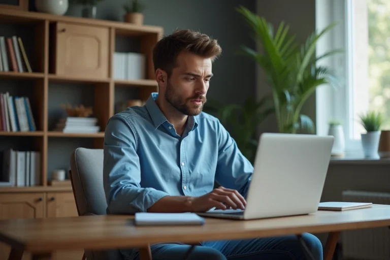 Homme en tenue décontractée travaillant sur un ordinateur dans un bureau cosy