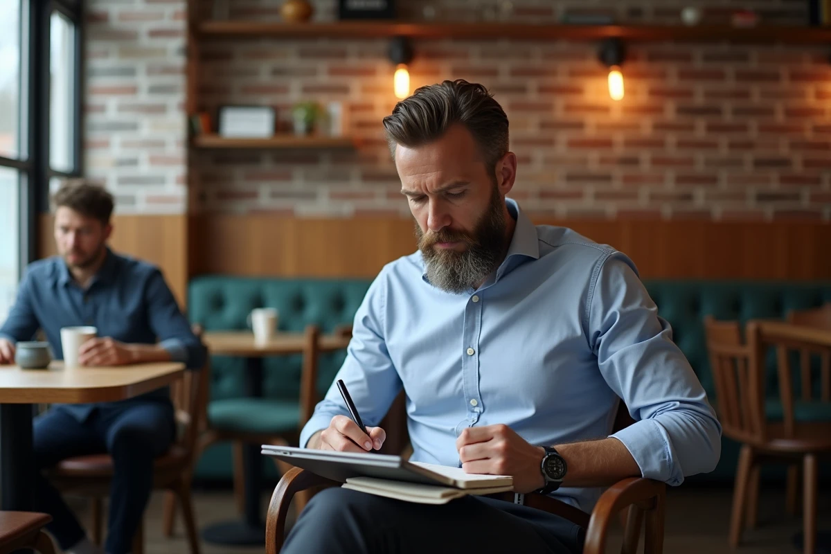 Homme concentré lisant une offre d
