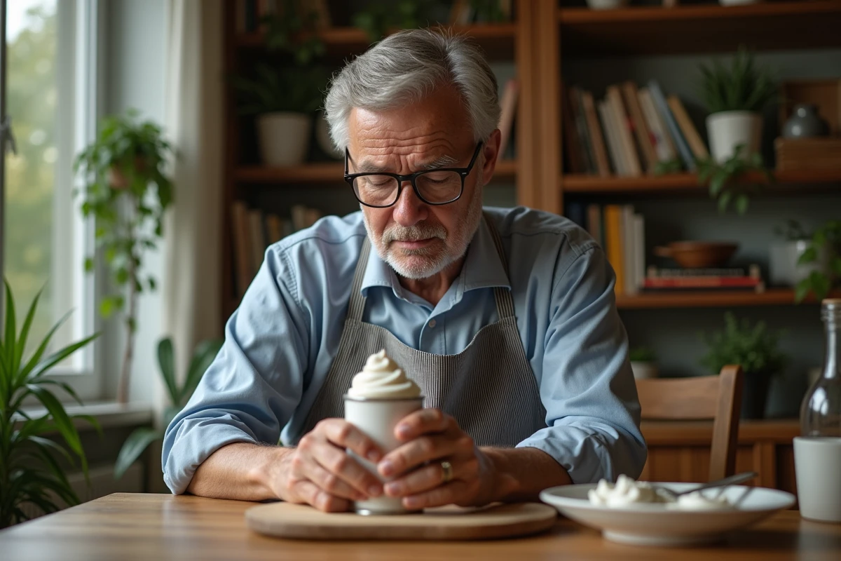 Homme examine la chantilly à la maison