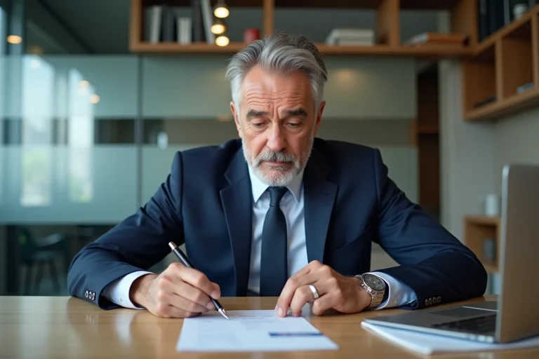 Homme d'affaires remplissant un cheque de 10 000 euros dans un bureau moderne