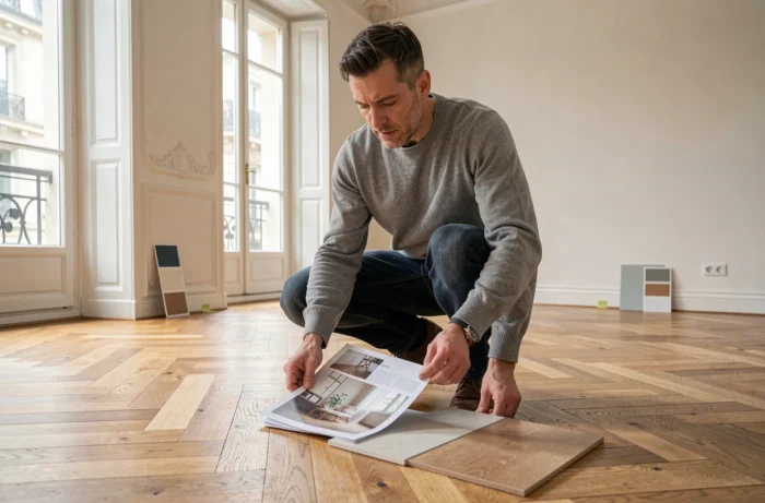 Homme comparant un échantillon de parquet en chevrons avec une page de magazine déco dans un appartement haussmannien en cours de rénovation