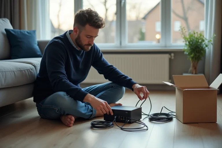 Homme connectant une box internet dans un salon moderne