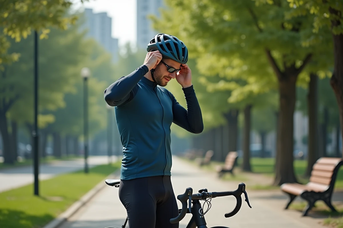 Homme en vélo ajustant son casque dans un parc urbain