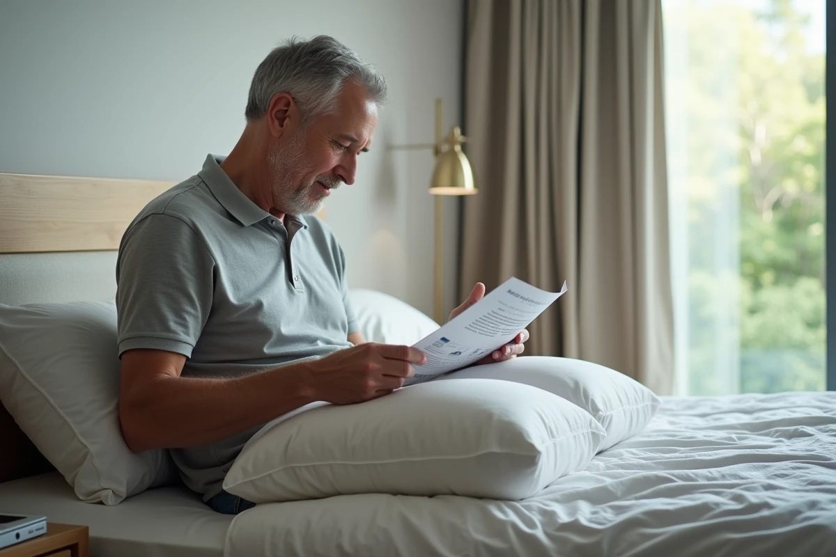 Homme lisant un guide avec un coussin cervical dans la chambre