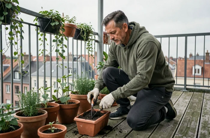 Homme plantant des herbes aromatiques dans des pots en terre cuite sur un balcon urbain