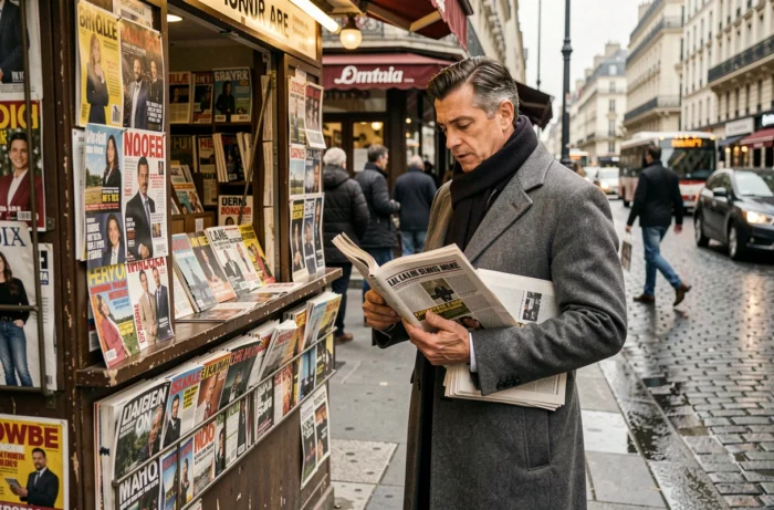 Homme consultant des journaux et magazines à un kiosque de presse parisien en ville