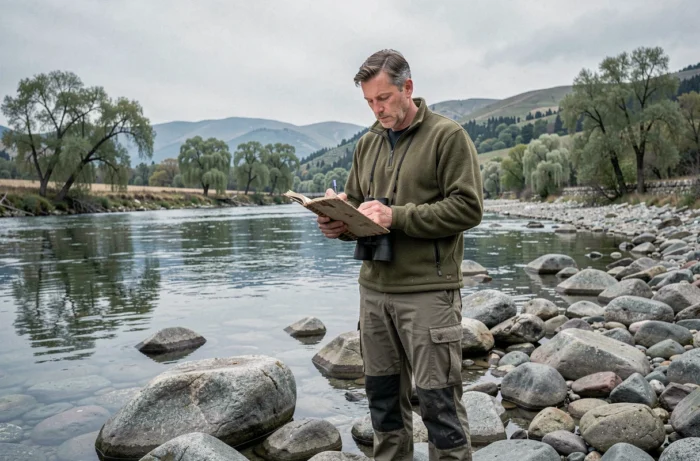 Homme naturaliste prenant des notes au bord d'une rivière rocheuse dans une vallée naturelle