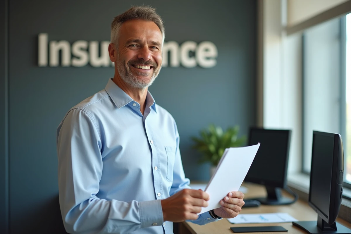Homme souriant tenant un document dans un bureau d
