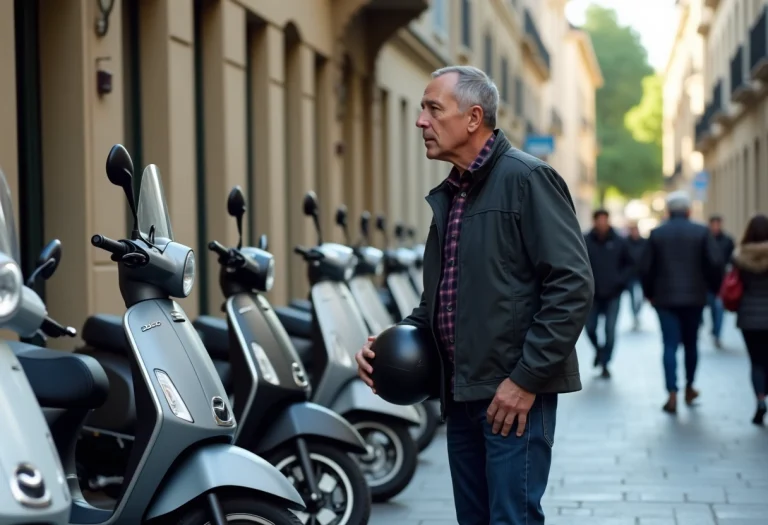 Homme examine une ligne de scooters modernes en ville