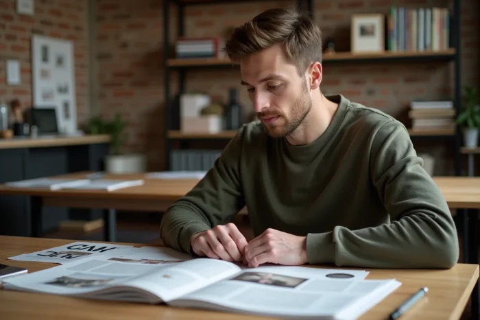 Homme créatif examinant des maquettes éditoriales dans un studio de design contemporain aux murs en briques apparentes