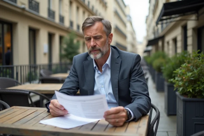 Homme d'âge moyen assis à une terrasse parisienne en train de lire des documents