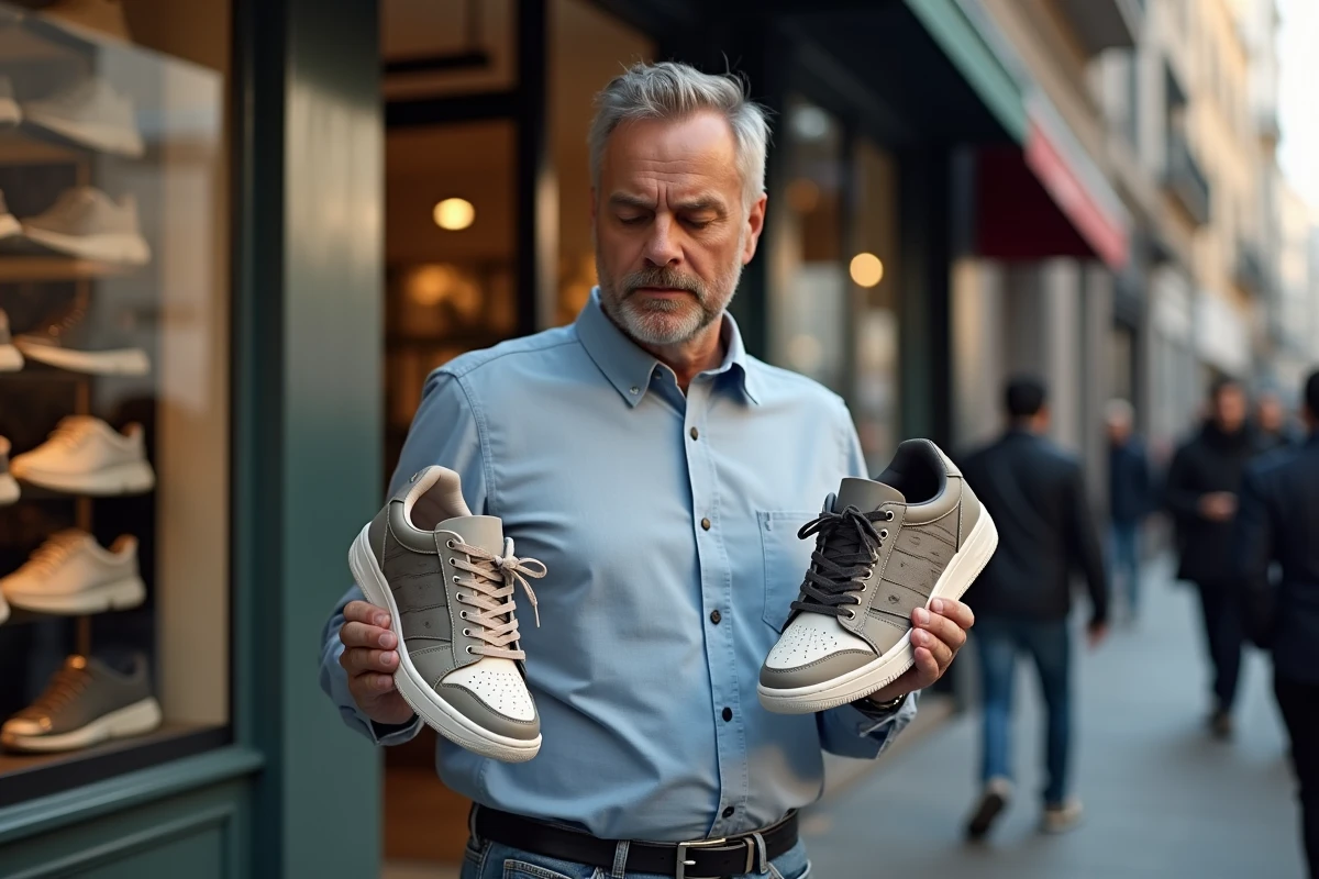 Homme comparant des sneakers devant une boutique en ville