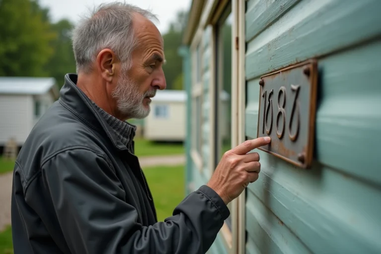 Homme d'âge moyen examinant une plaque d'identification sur un mobile home