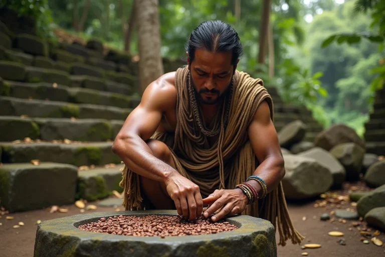 Homme indigene moulant du cacao dans la jungle ancienne