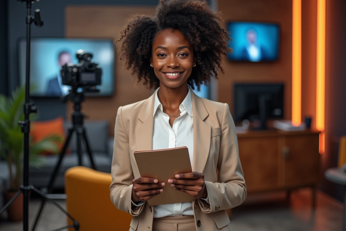 Jeune femme africaine dans un studio de télévision moderne