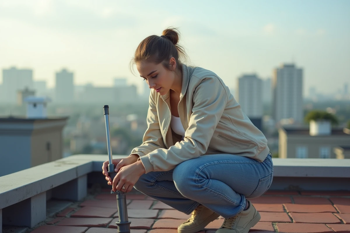 Jeune femme ajuste une antenne TV sur un toit urbain
