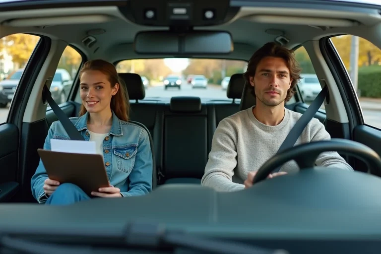 Jeune femme en denim dans une voiture en ville