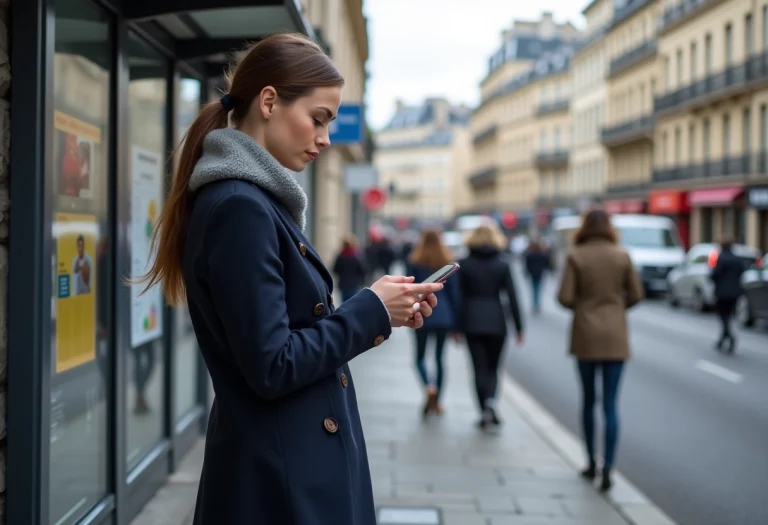Jeune femme à un arrêt de bus parisien utilisant son smartphone