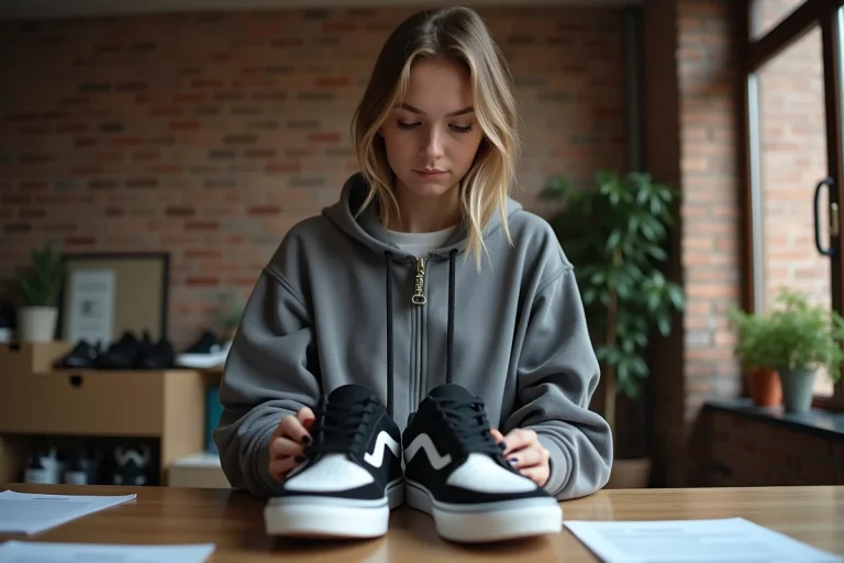 Jeune femme inspectant des sneakers dans un appartement moderne