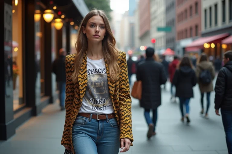 Jeune femme stylée marche dans la ville avec un blazer à motifs