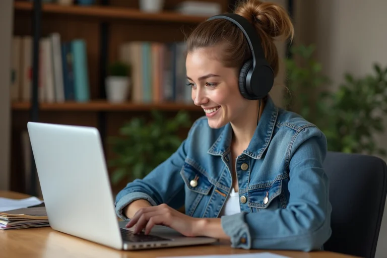 Jeune femme en denim utilisant un convertisseur YouTube MP3