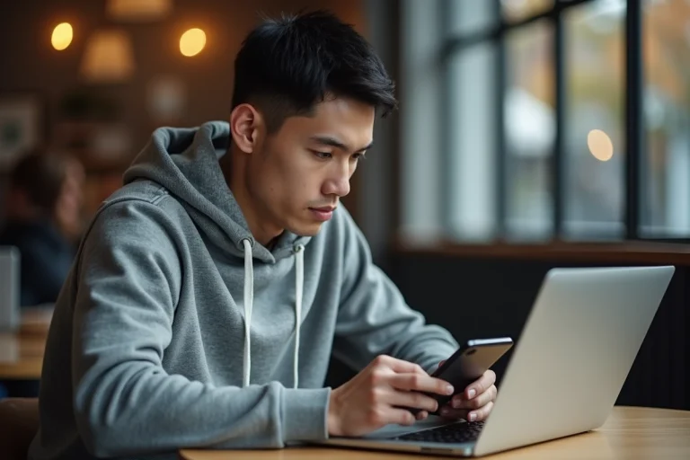 Jeune homme concentré avec smartphone au café