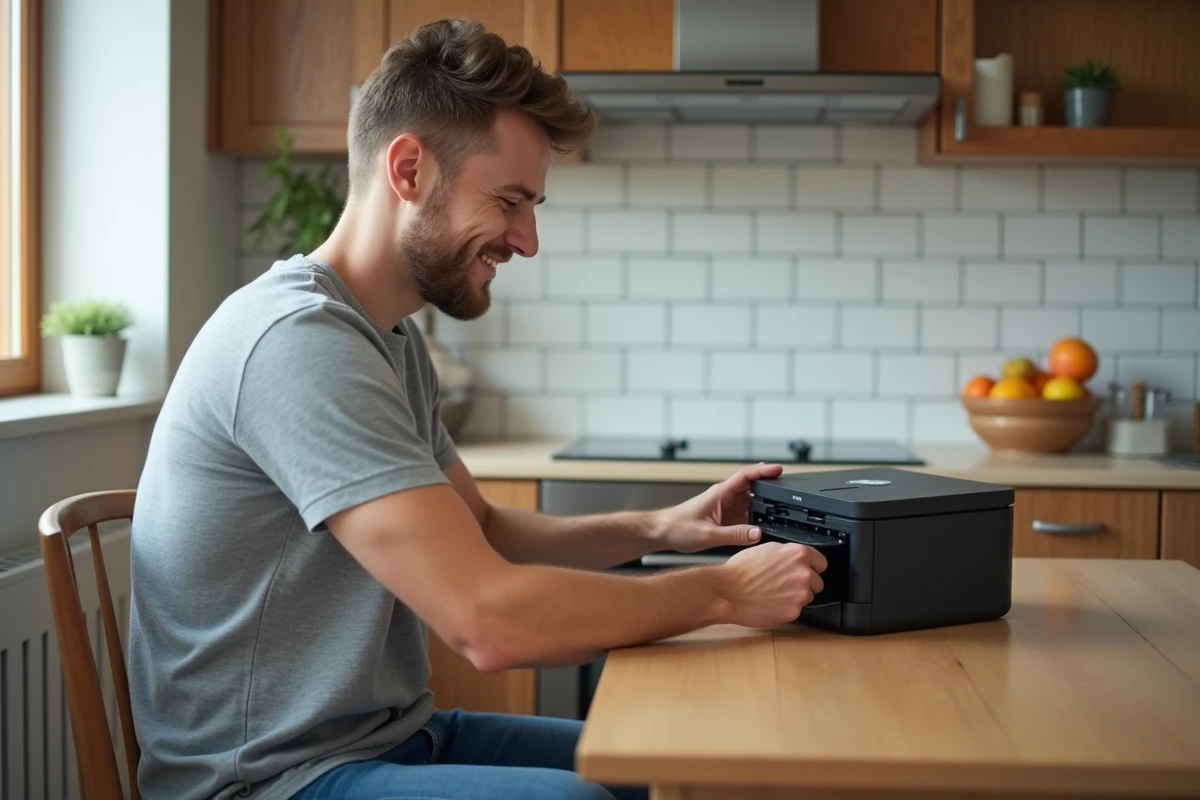 Jeune homme souriant installant une cartouche dans une imprimante