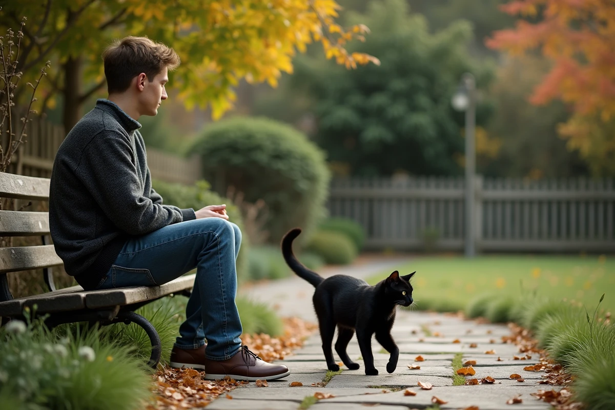 Jeune homme sur un banc avec un chat dans le jardin