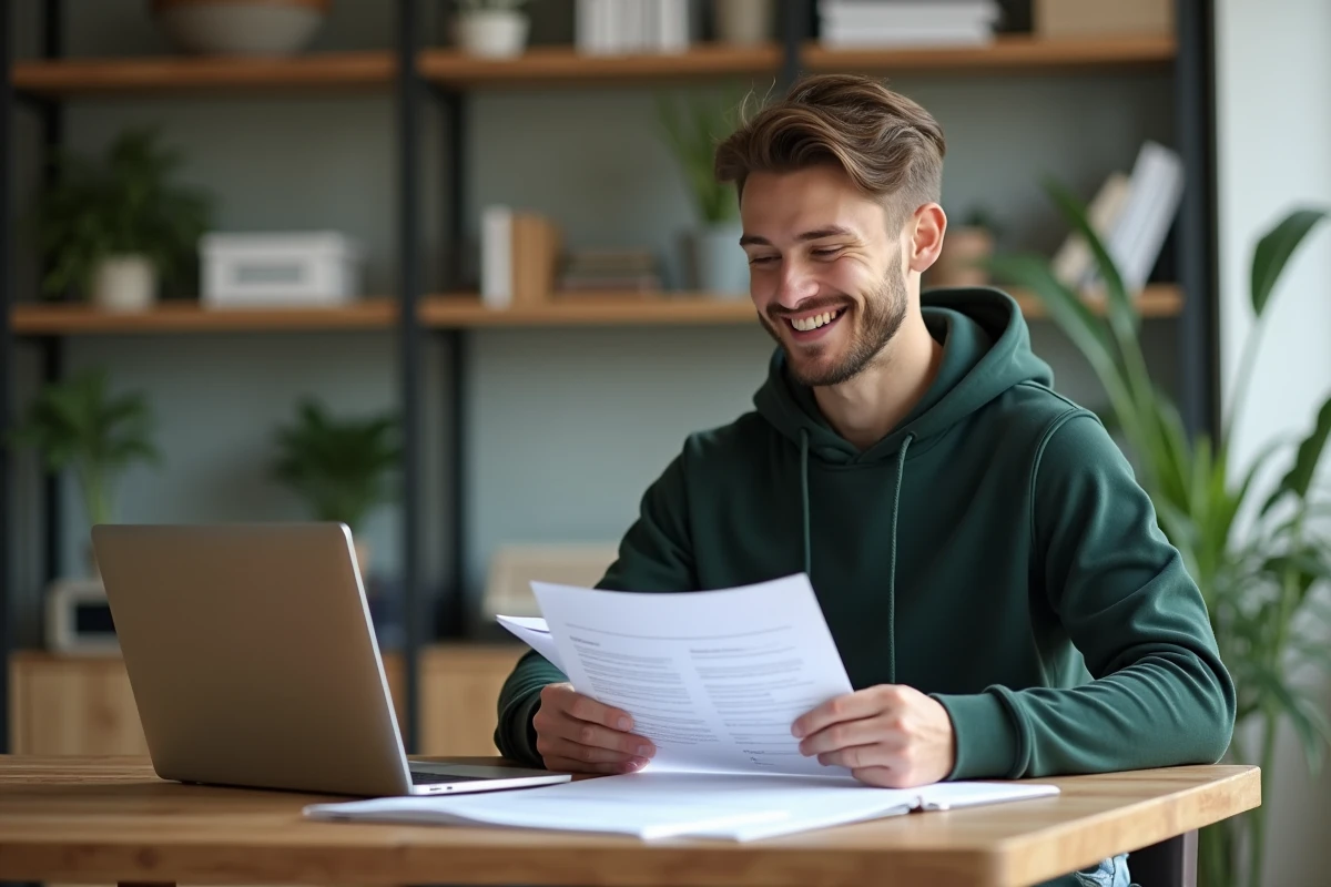 Jeune homme lisant documents dans espace d attente