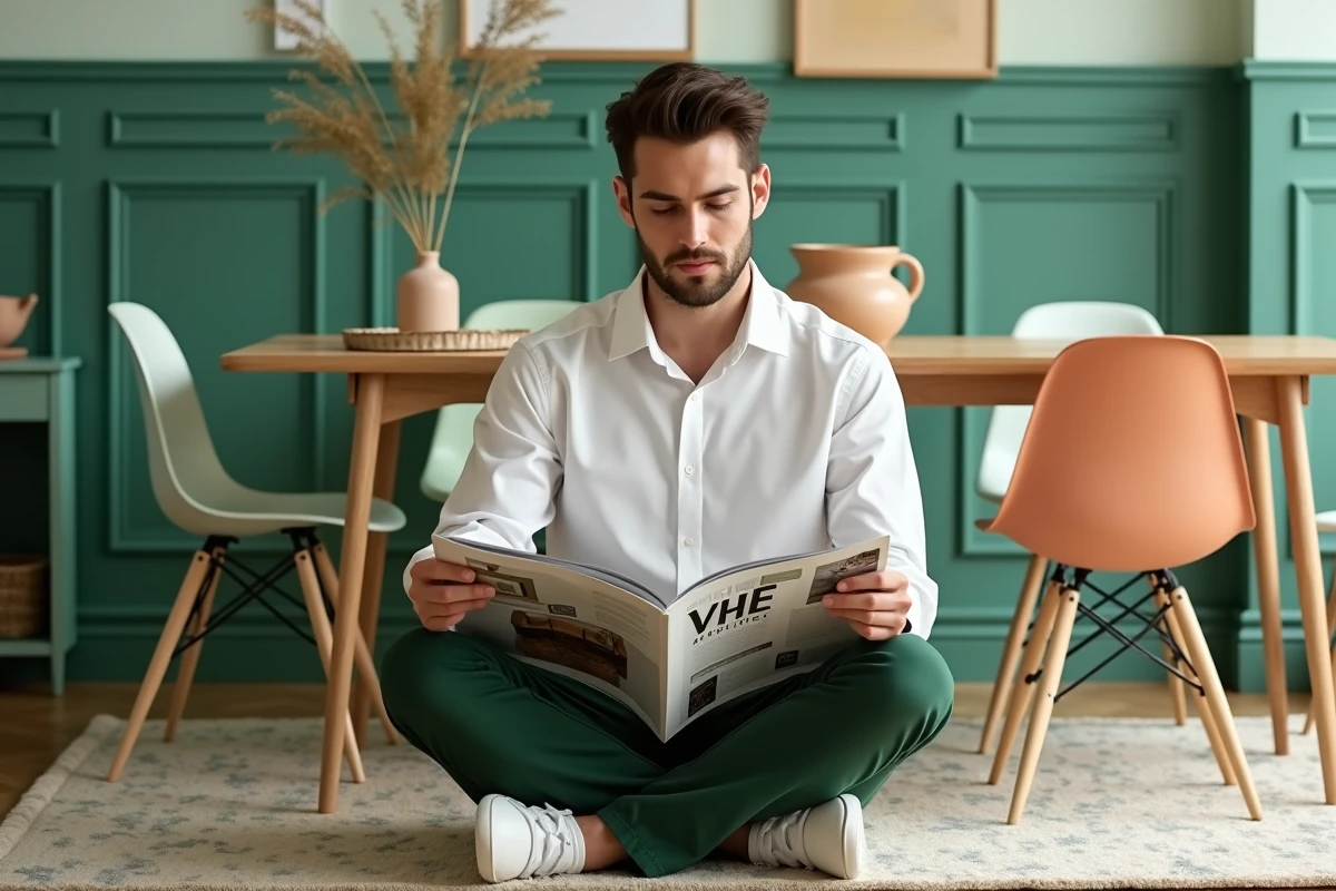 Jeune homme lisant un magazine dans une salle à manger moderne