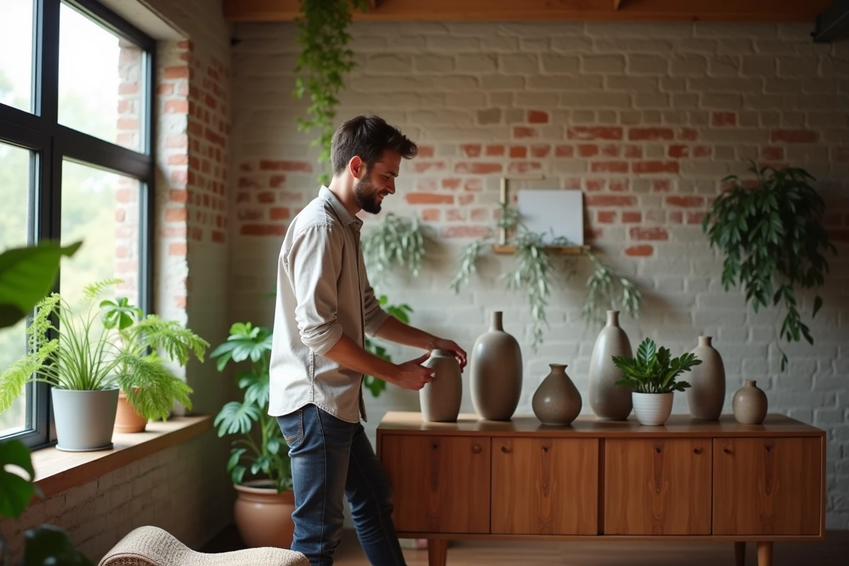 Jeune homme arrangeant des vases dans un intérieur lumineux