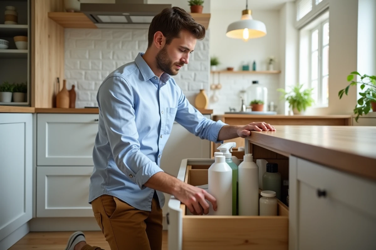 Jeune homme triant des produits de nettoyage écologiques dans la cuisine