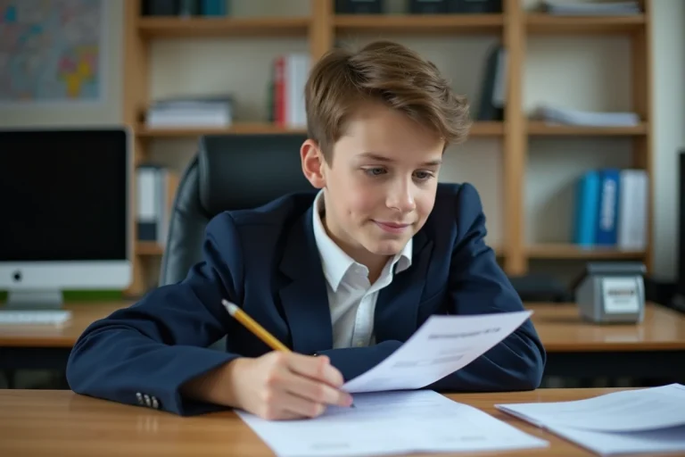 Adolescent souriant avec son bulletin scolaire dans un bureau scolaire