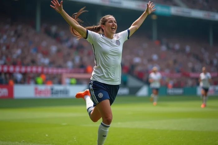 Joueuse de football professionnelle célébrant un but lors d'un match de championnat en 2024