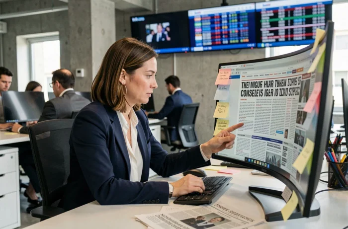Journaliste femme lisant les actualités en continu sur un écran dans une salle de rédaction moderne