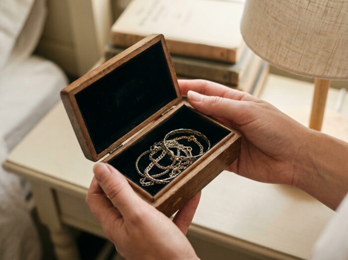 Mains tenant une petite boîte à bijoux contenant des bracelets fins emmêlés en argent et or