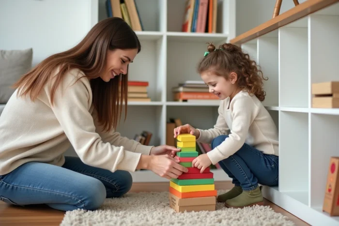 Maman et sa fille organisent des puzzles dans le salon