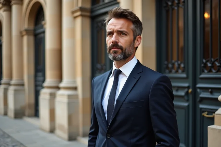 Homme en costume marine devant une mairie française, illustration d'un mariage médiatique entre personnalités conservatrices