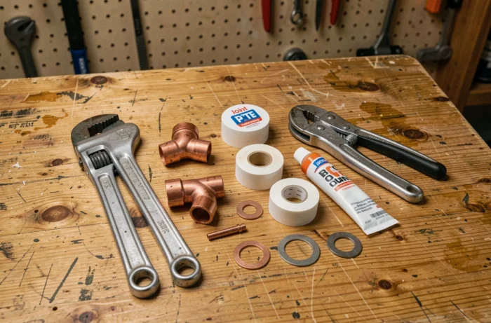 Outils de plomberie essentiels posés sur un établi en bois, guide du débutant pour travaux de plomberie à domicile