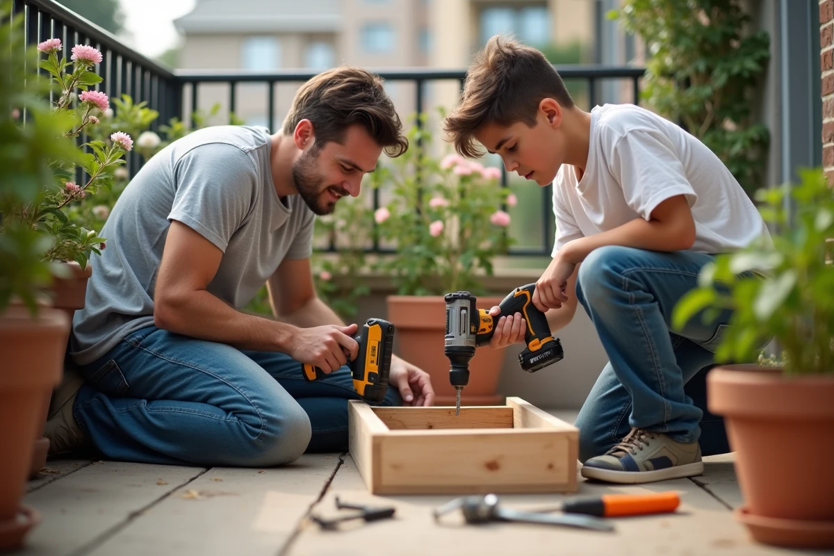 Père et fils assemblant des jardinières en bois sur un balcon