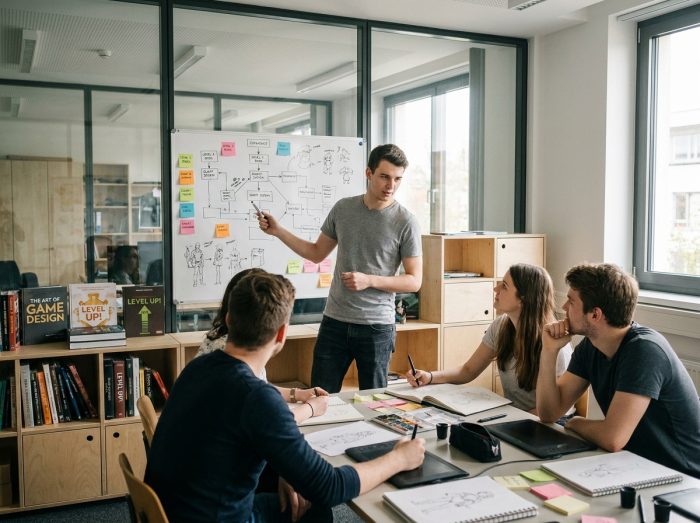 Étudiant présentant un concept de jeu vidéo au tableau devant ses camarades en école spécialisée