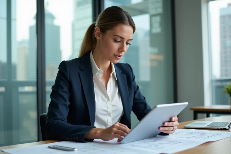 Professionnelle de l'immobilier utilisant une plateforme numérique innovante sur tablette dans un bureau moderne