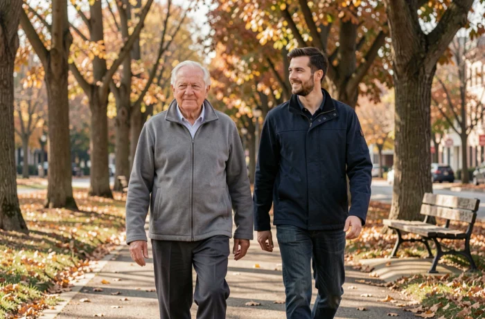Un senior et son accompagnateur se promenant ensemble dans un parc en automne