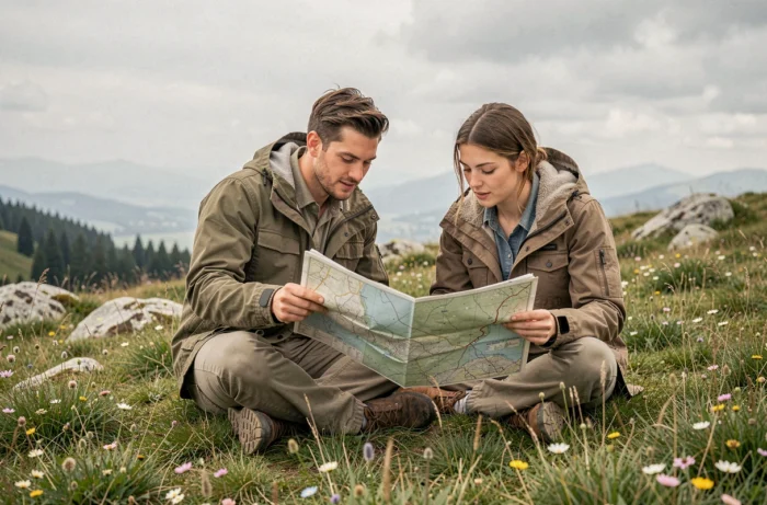 Deux randonneurs consultant une carte topographique assis dans une prairie alpine en fleurs