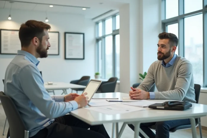 Jeune homme en rendez-vous avec un conseiller financier pour souscrire un prêt étudiant MAIF dans une agence moderne