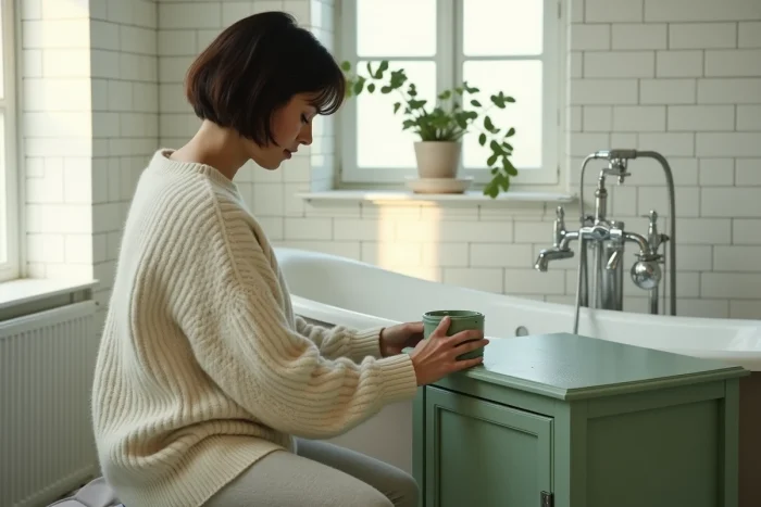 Femme repeignant un meuble en bois en vert sauge dans une salle de bain vintage avec baignoire sur pieds